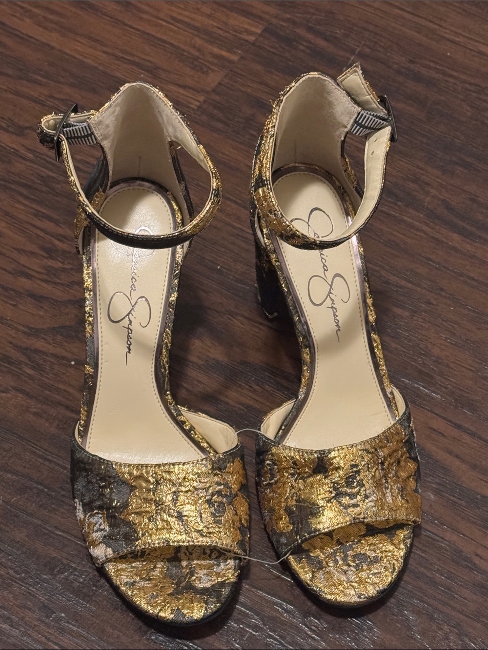 Jessica Simpson Gold and Black Metallic Textured Block Heel Sandals
